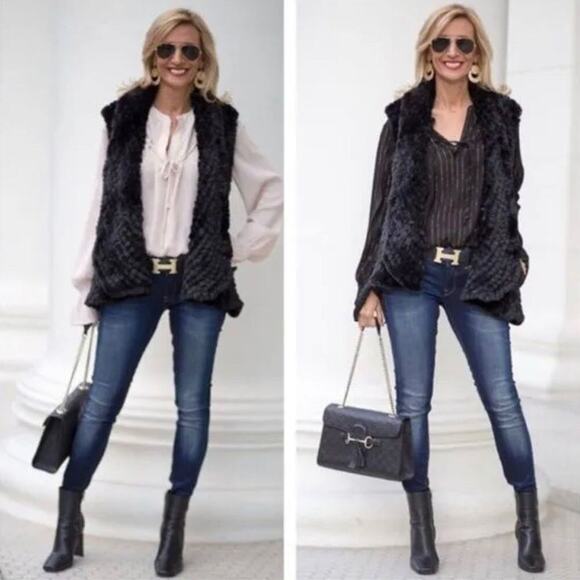 Adrianna Papell Black Faux Fur Combo Button Front Sweater Vest Plus SZ 2 fuzzy - Picture 1 of 12